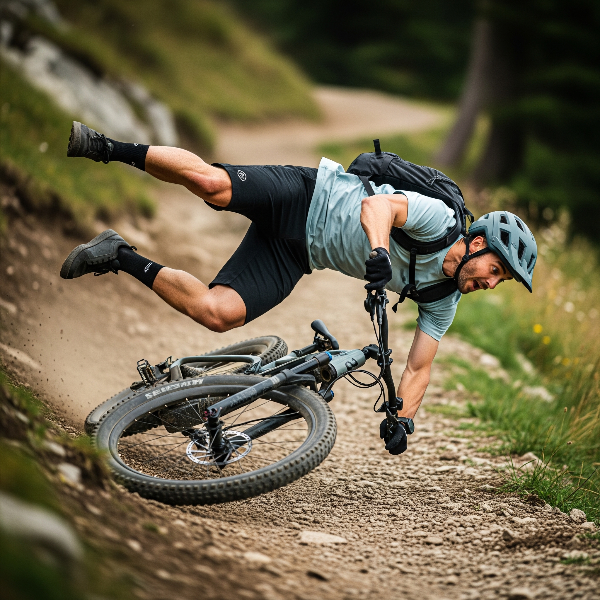Ciclista de montaña con camiseta clara, pantalones cortos oscuros, casco y mochila, en medio de una caída de tipo 'faceplant' en un sendero. Está horizontal en el aire sobre su bicicleta, a punto de chocar contra el suelo.