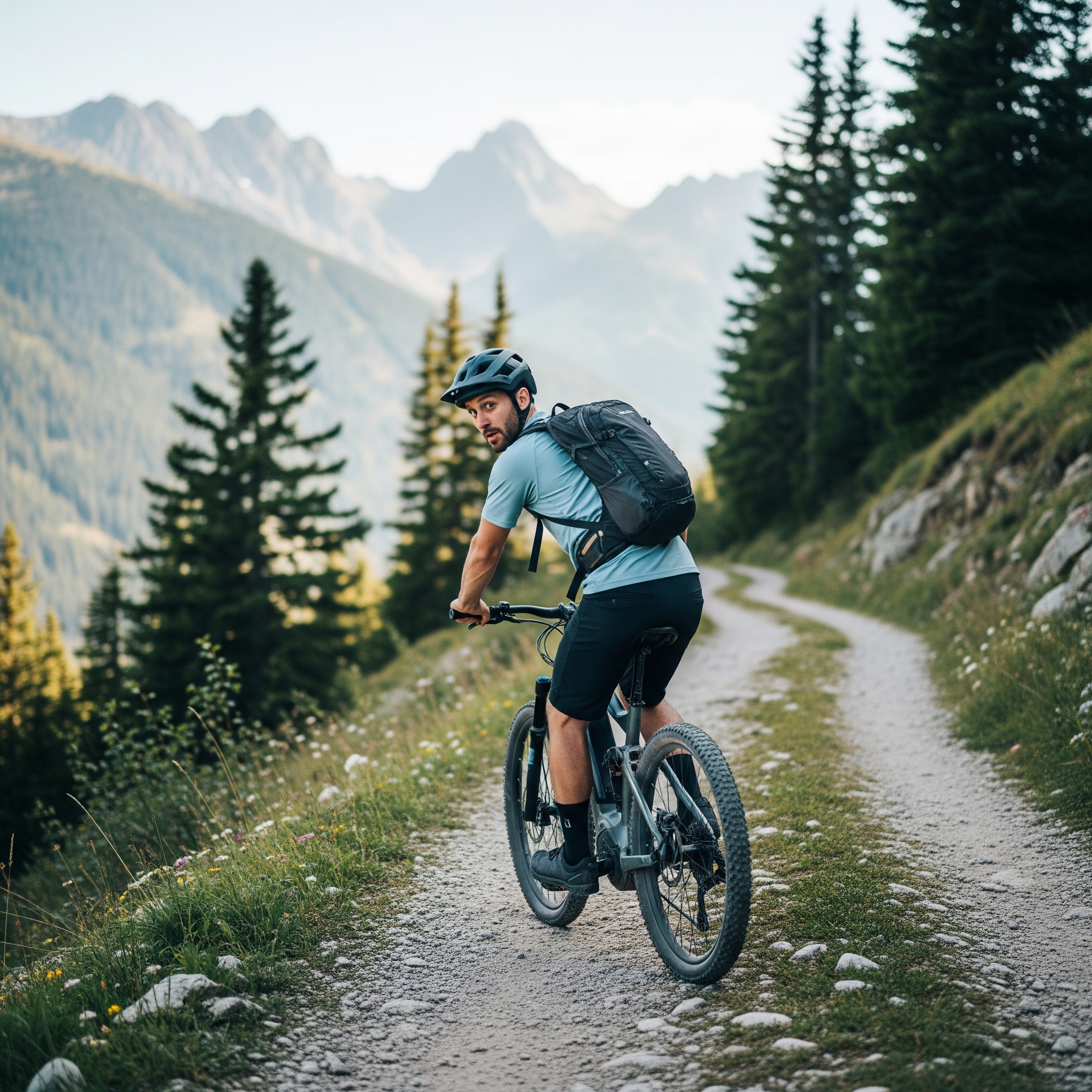 Ciclista de montaña con casco y mochila, rodando por un sendero de tierra, mira hacia atrás a la cámara con montañas y árboles de fondo en un día soleado.